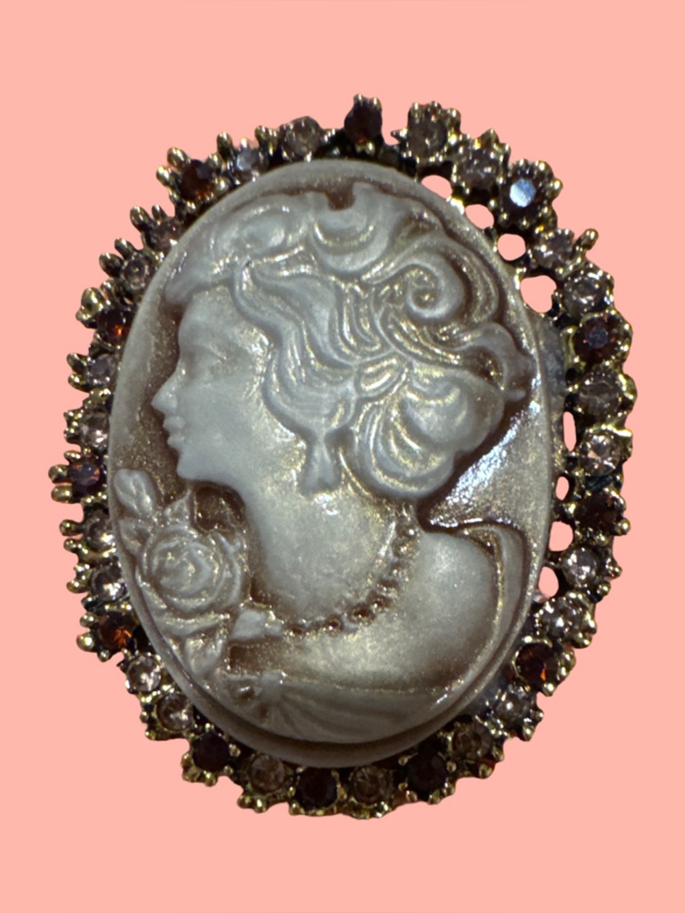 Pearl White Cameo Brooch with Rhinestone Halo